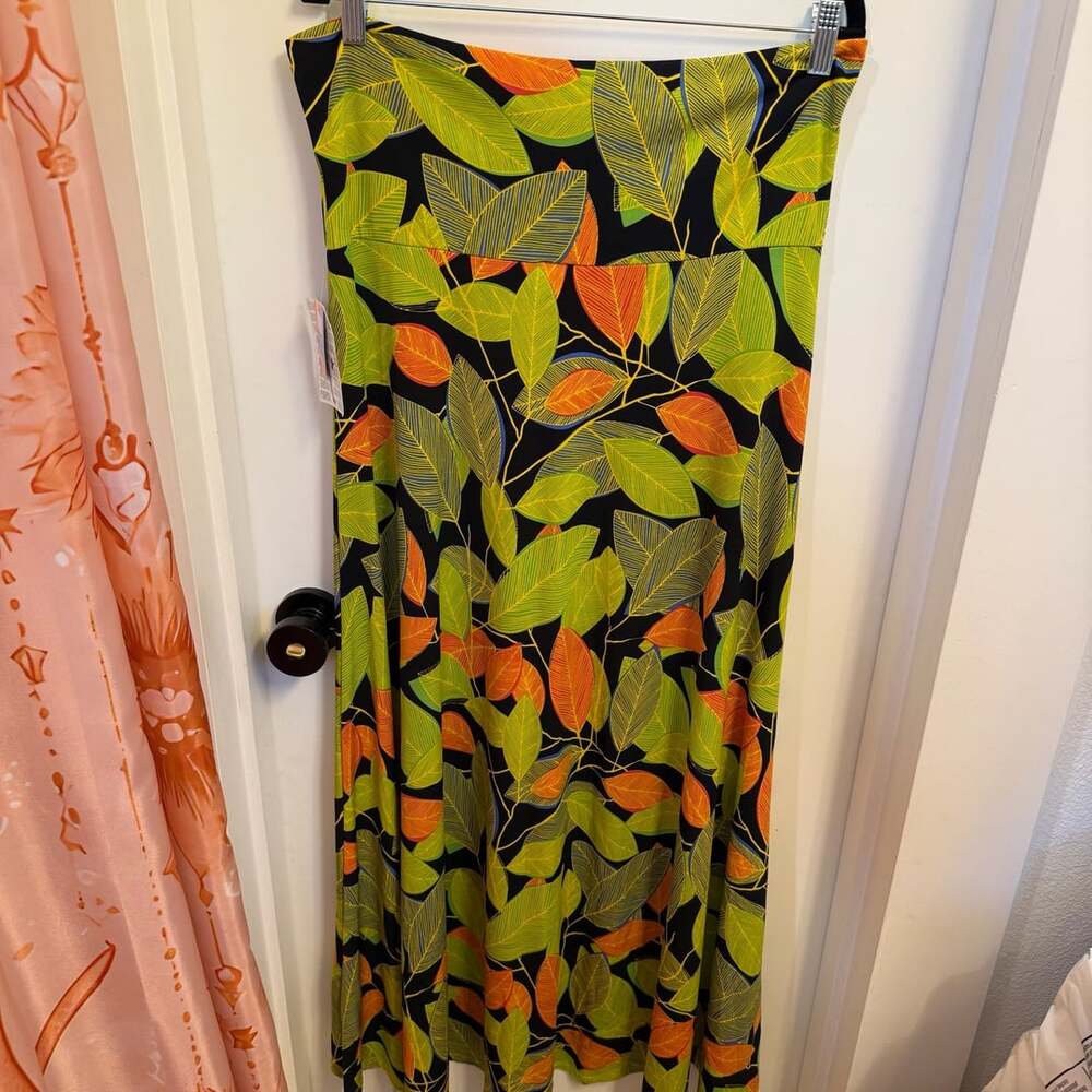 New Lularoe Maxi Skirt Size L Green Orange Leaf Print